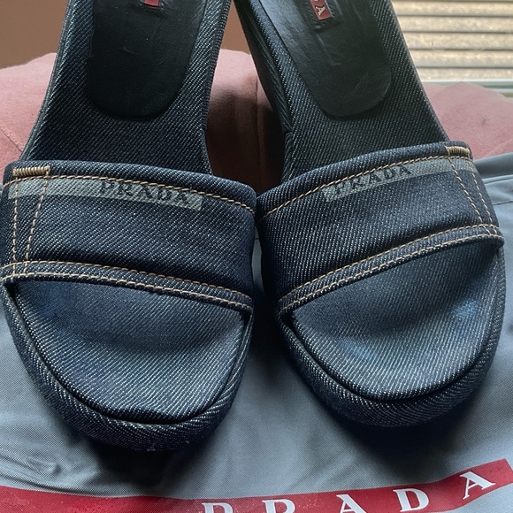 Prada Denim Wedge Slides, Size 36.5 - Picture 1 of 10